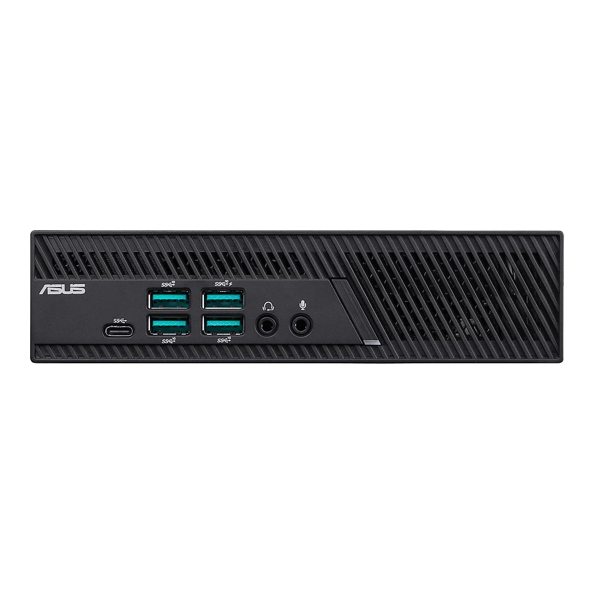 Schwarzer Mini-PC von ASUS. Vorderseite mit Anschlüssen und Lüftungsschlitzen.