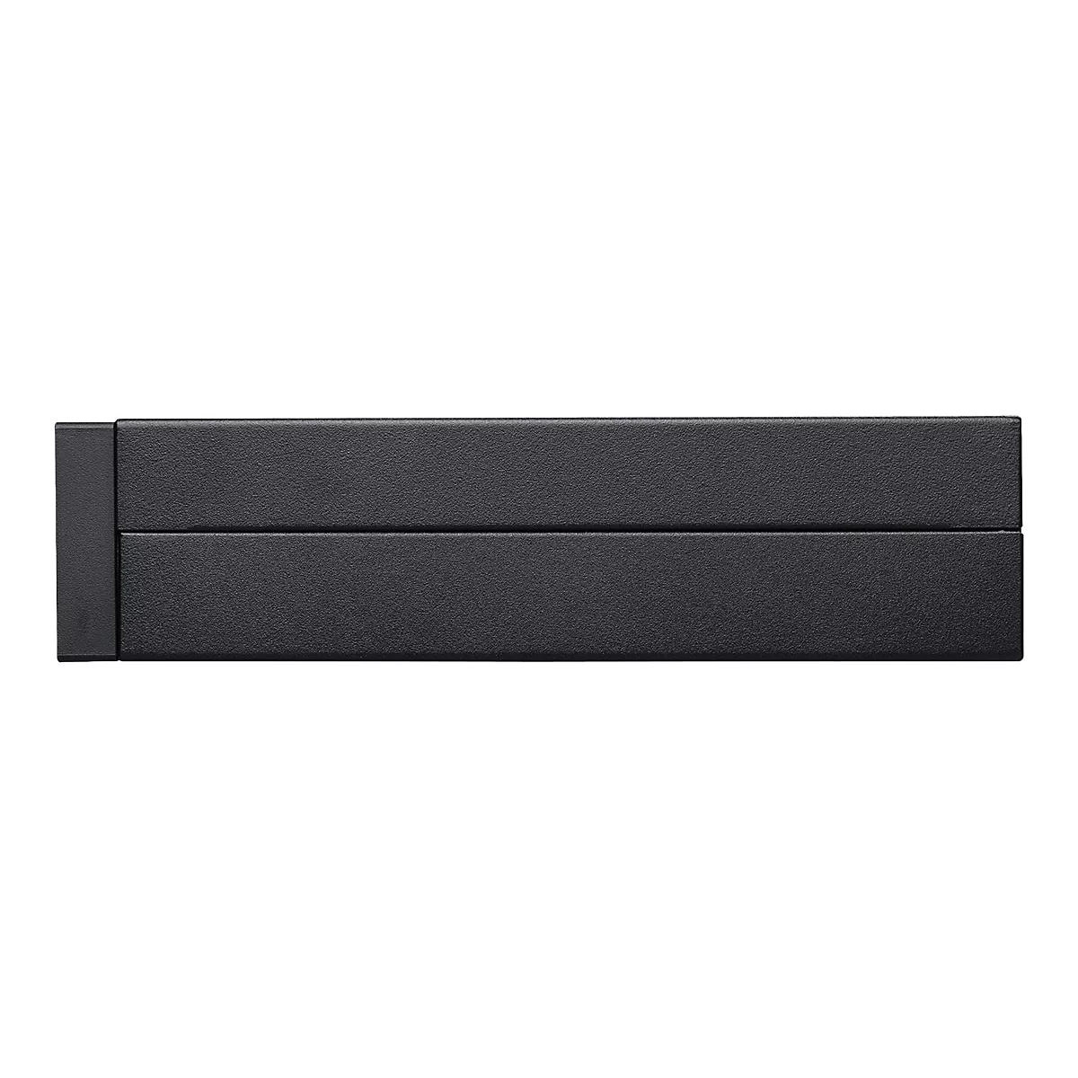Dunkelgraues elektronisches Gerät im Profil, mit strukturierten Oberflächen und minimalistischem Design.