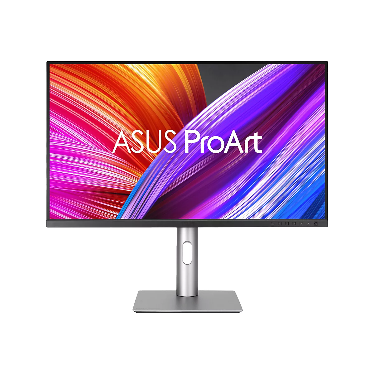 Un moniteur ASUS ProArt, fond coloré, support gris.