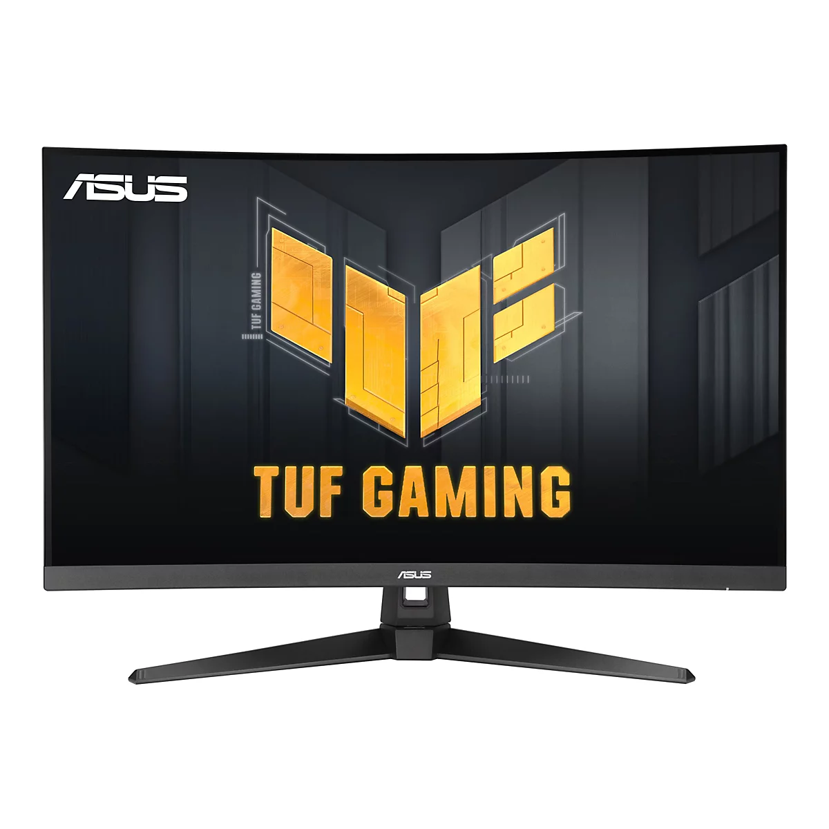 Un moniteur ASUS noir incurvé avec le logo TUF GAMING, sur fond blanc.