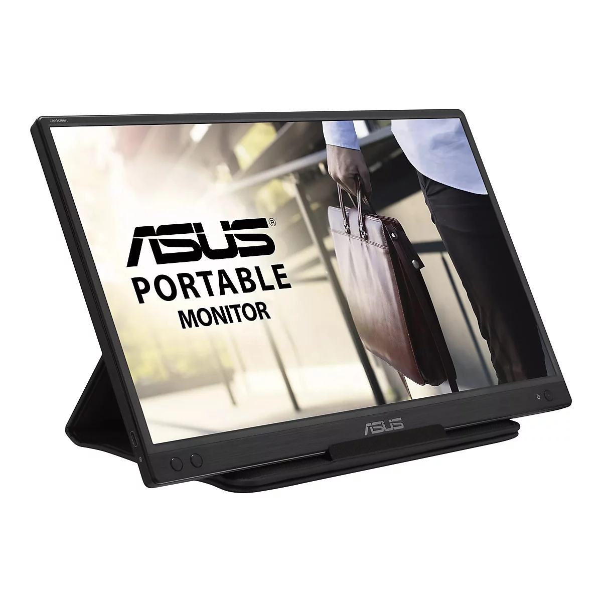Moniteur portable ASUS noir sur un support, avec un arrière-plan montrant une personne tenant une mallette.