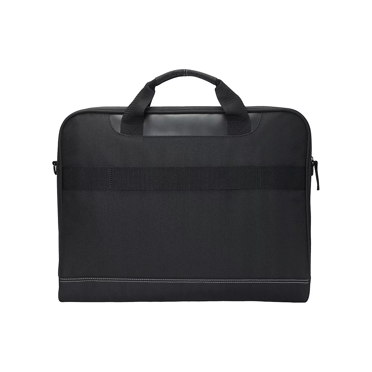 Schwarze Laptoptasche mit Tragegriffen und weißer Ziernaht vor weißem Hintergrund.
