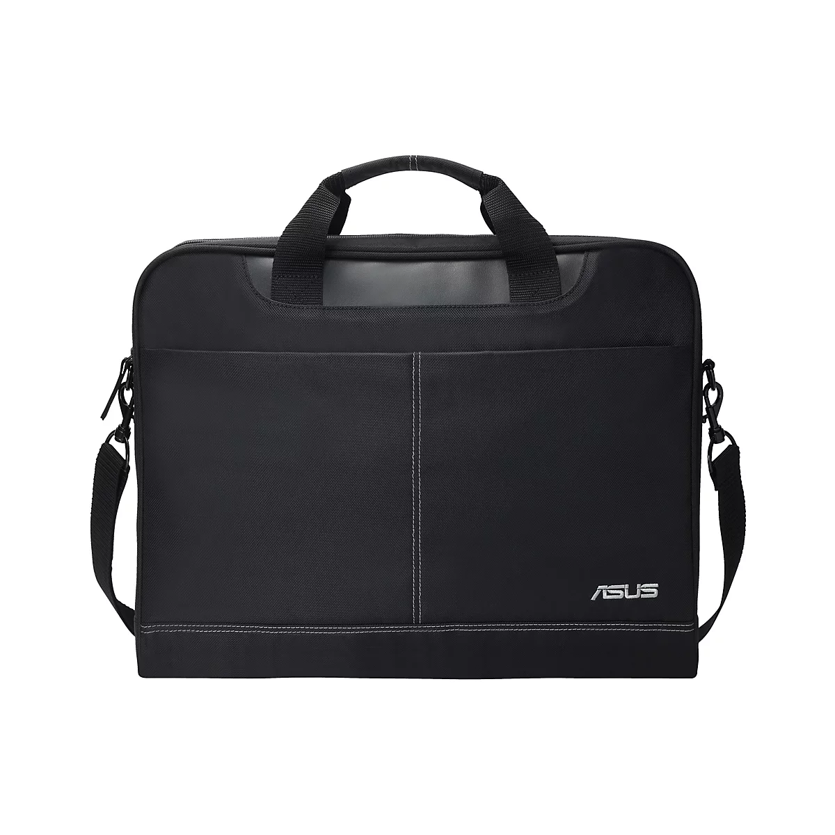 Schwarze Asus Laptoptasche mit Tragegriffen und abnehmbarem Schultergurt vor weißem Hintergrund.