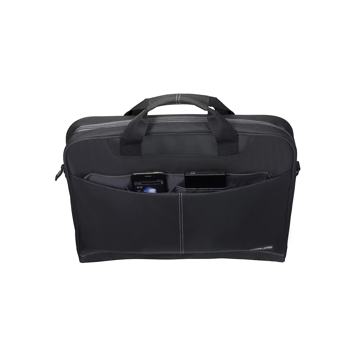 Schwarze Laptoptasche mit Griffen und zwei Außentaschen. In einer Tasche steckt ein Smartphone, in der anderen ein schwarzes Rechteck.
