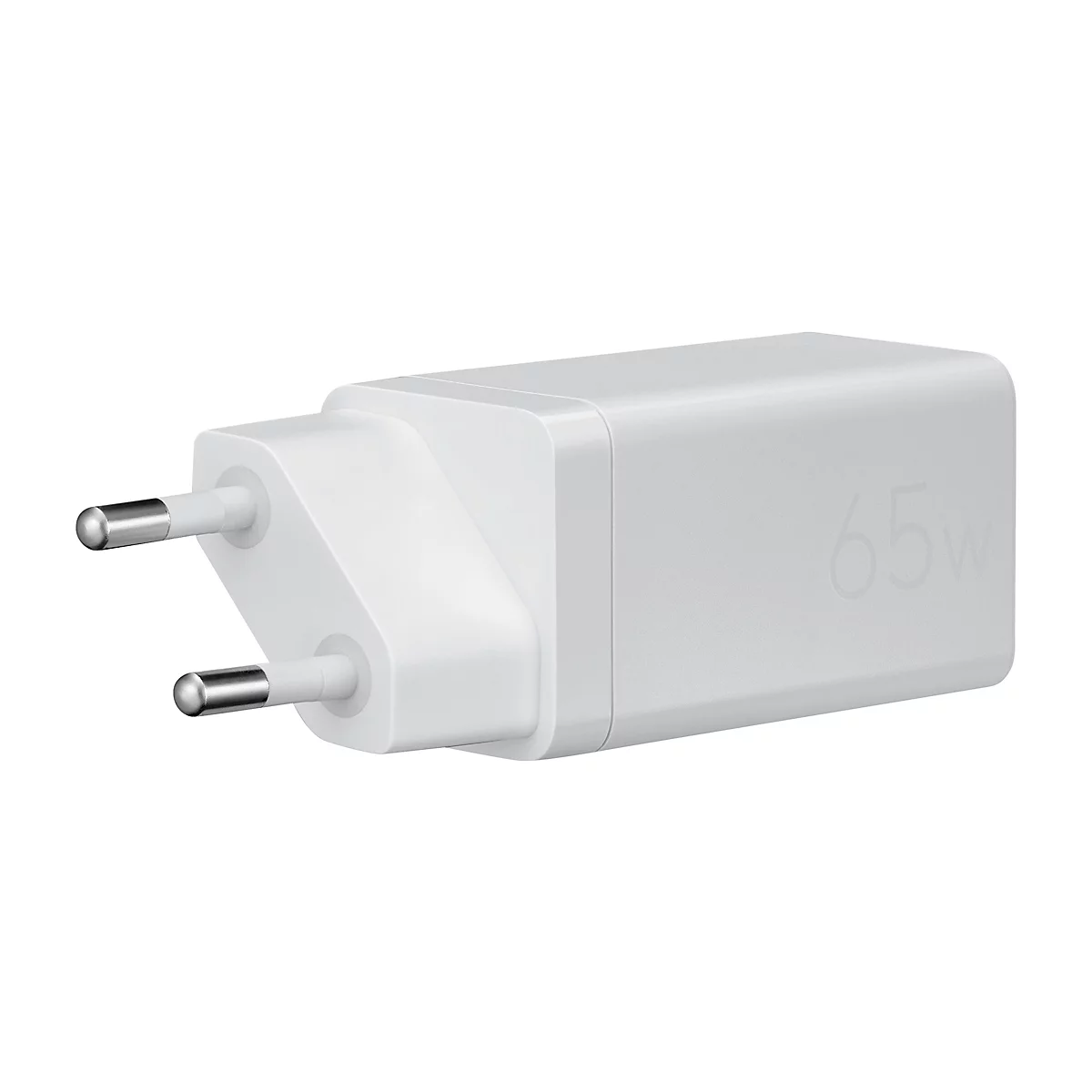 Weißes Netzteil mit Eurostecker und eingeprägter 65W Kennzeichnung auf der Seite.