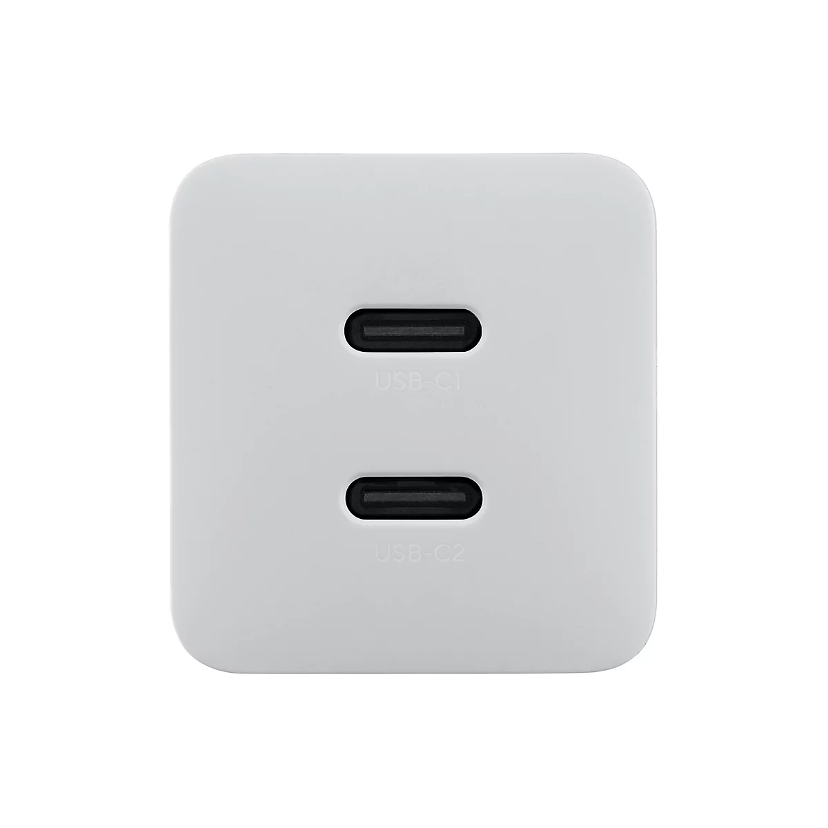 Vorderansicht eines weißen USB-C-Wandladegeräts mit zwei USB-C-Anschlüssen, beschriftet als USB-C1 und USB-C2.