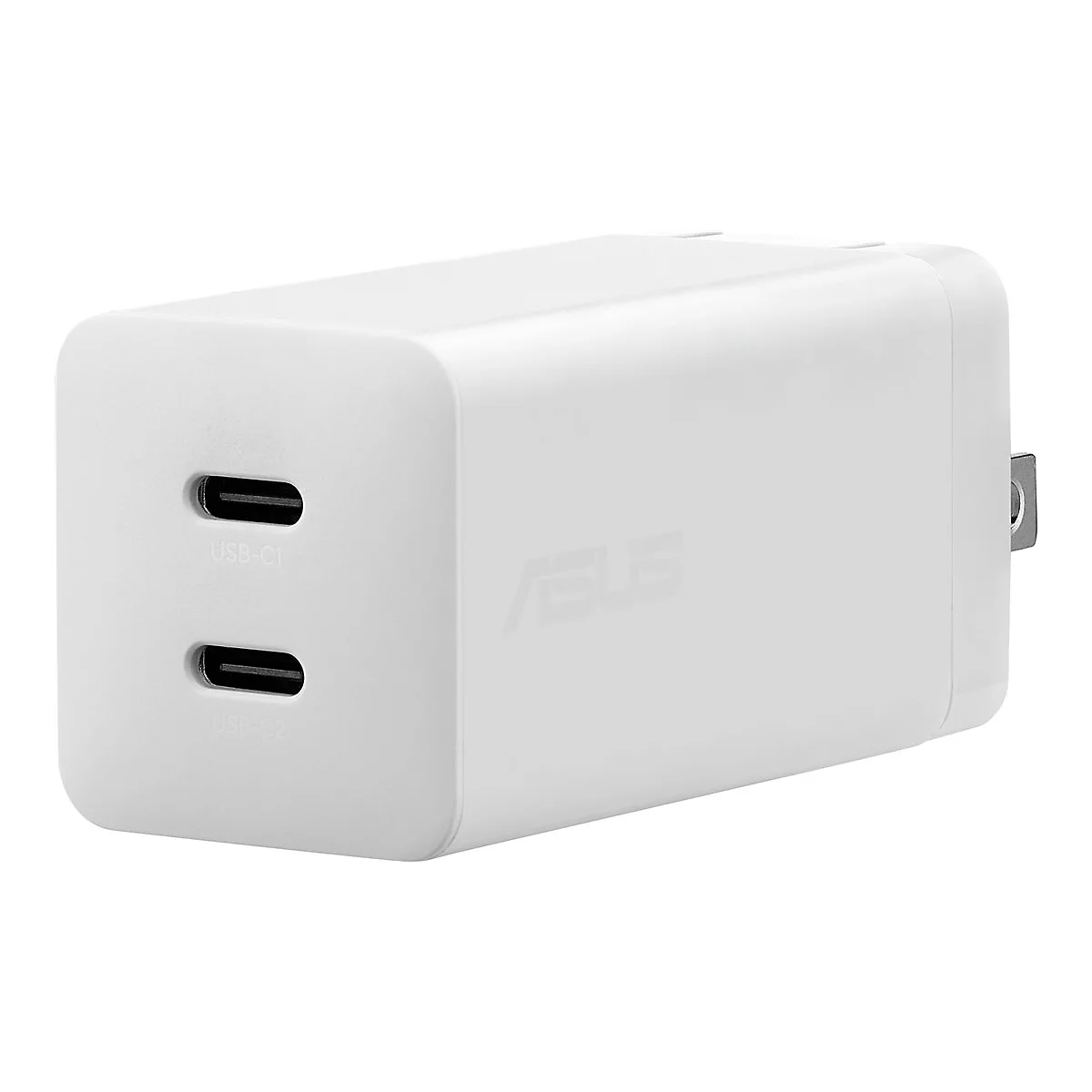 Weißer Asus Netzadapter mit zwei USB-C-Anschlüssen vor neutralem Hintergrund.