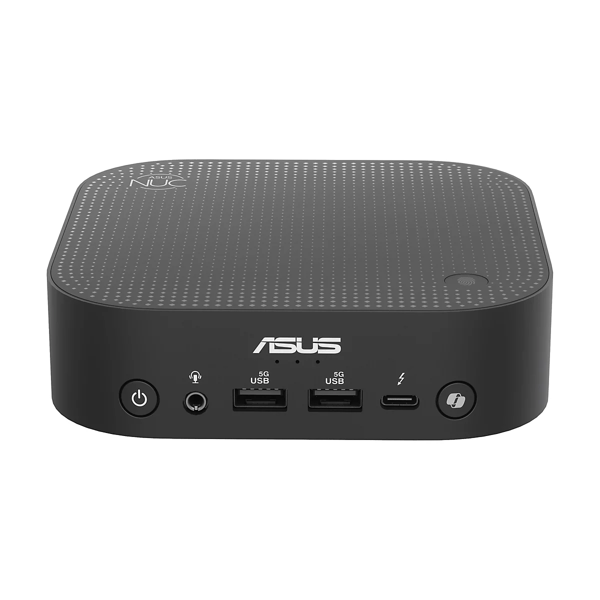 Schwarzer ASUS NUC Mini-PC, oben mit Punkten verziert, ASUS-Logo vorn. Anschlüsse: USB, Klinke, Strom.