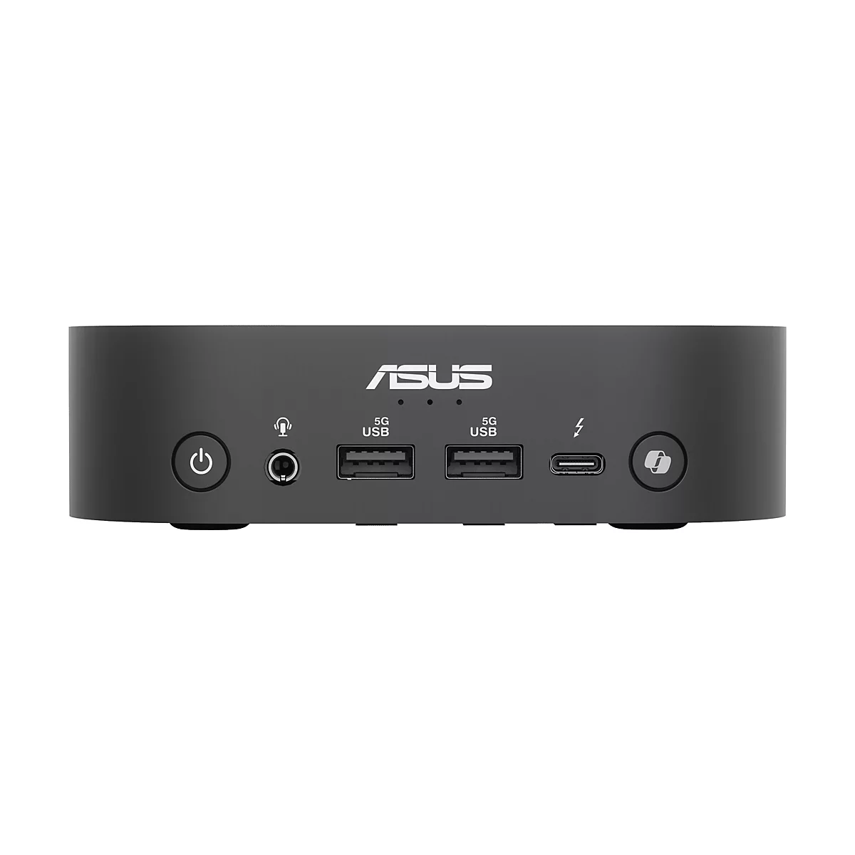 Schwarzer ASUS Mini-PC, Vorderseite: Power-Taste, Kopfhöreranschluss, USB, USB, Thunderbolt-Anschluss, Reset-Taste.