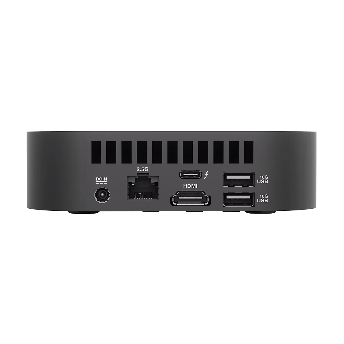 Rückansicht einer schwarzen Set-Top-Box mit Anschlüssen für Strom, Ethernet, HDMI und USB.