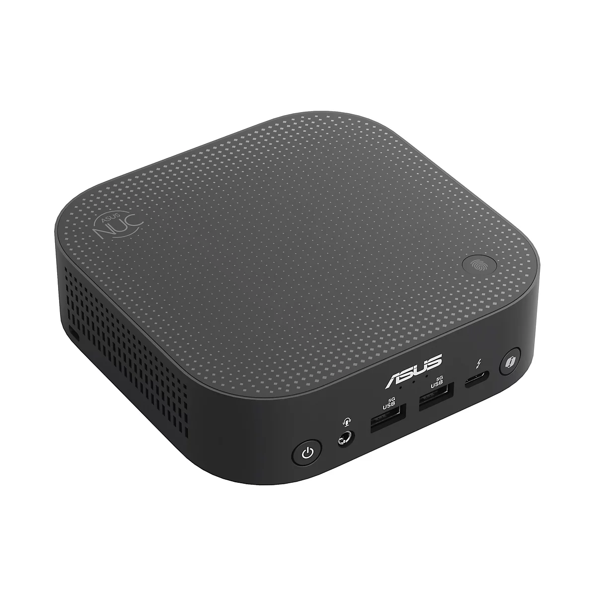Ein schwarzer ASUS NUC Mini-PC, Draufsicht. Das Gehäuse ist quadratisch mit abgerundeten Ecken und einer strukturierten Oberfläche. Auf der Oberseite befindet sich ein Fingerabdrucksensor.