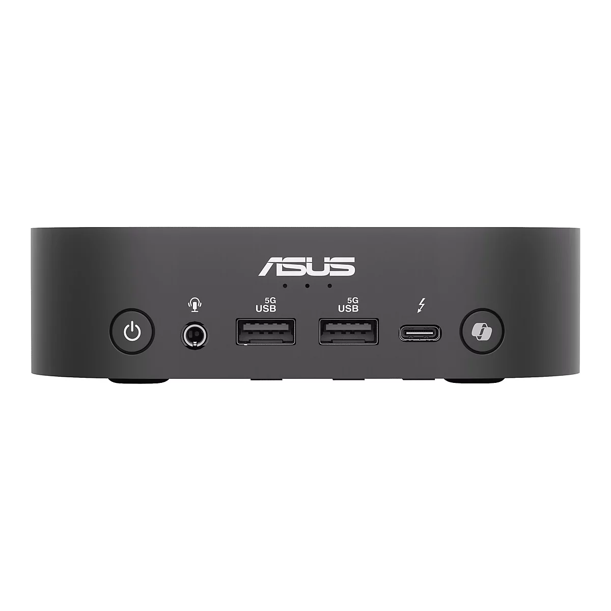 Schwarzer ASUS Mini-PC vor weißem Hintergrund. Vorderseite mit Ein-/Aus-Taste, Audioanschluss, USB-Anschlüssen, und Logo.