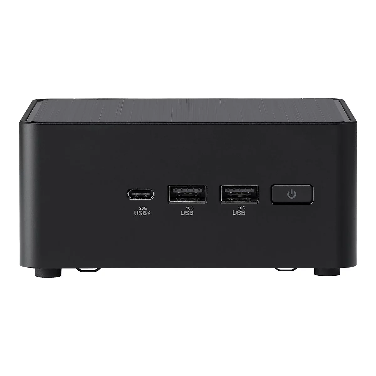 Schwarzer Mini-PC mit Anschlüssen für USB und Strom. Oben glatt, unten abgerundet.