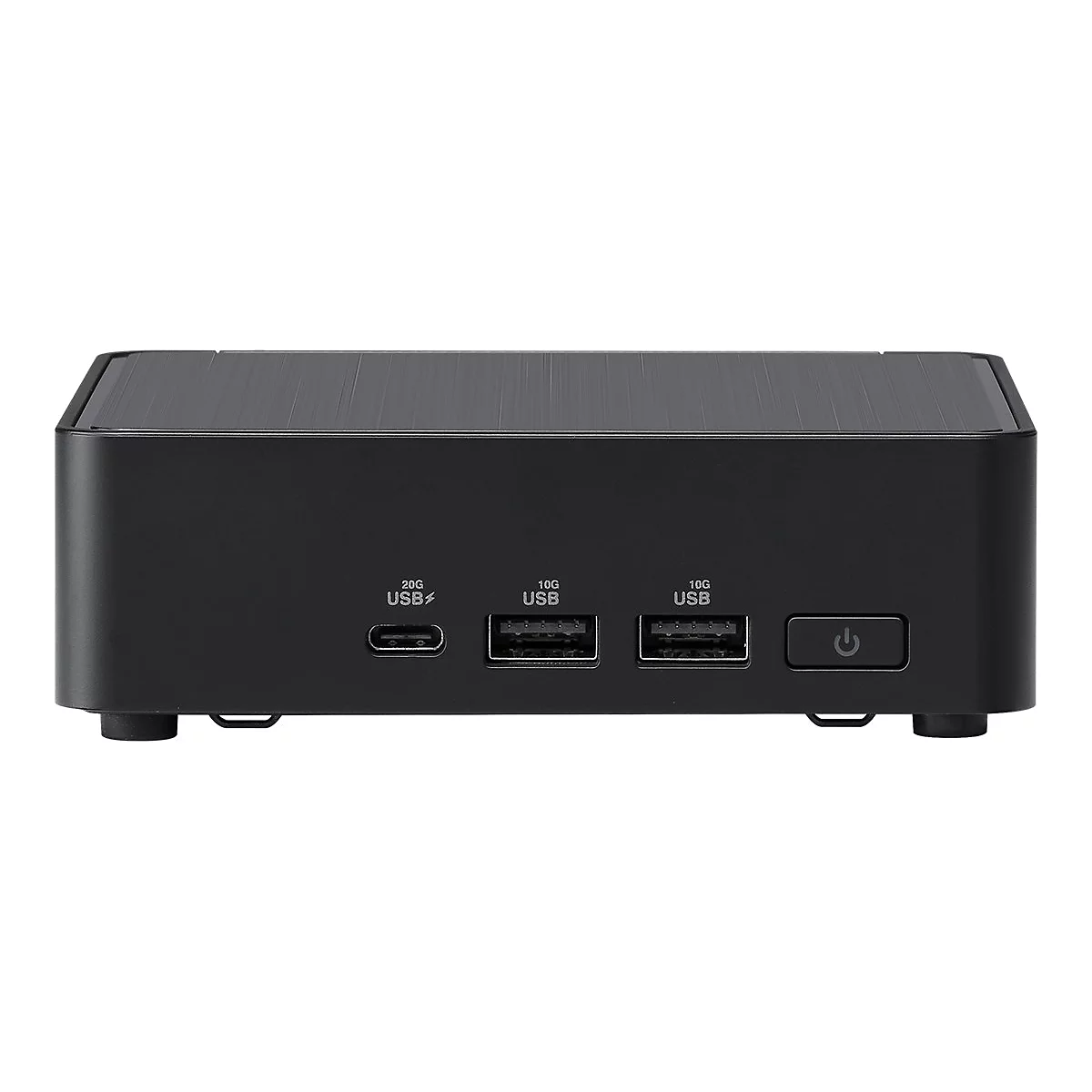 Mini PC noir avec ports USB. L'avant présente les termes USB et la vitesse.