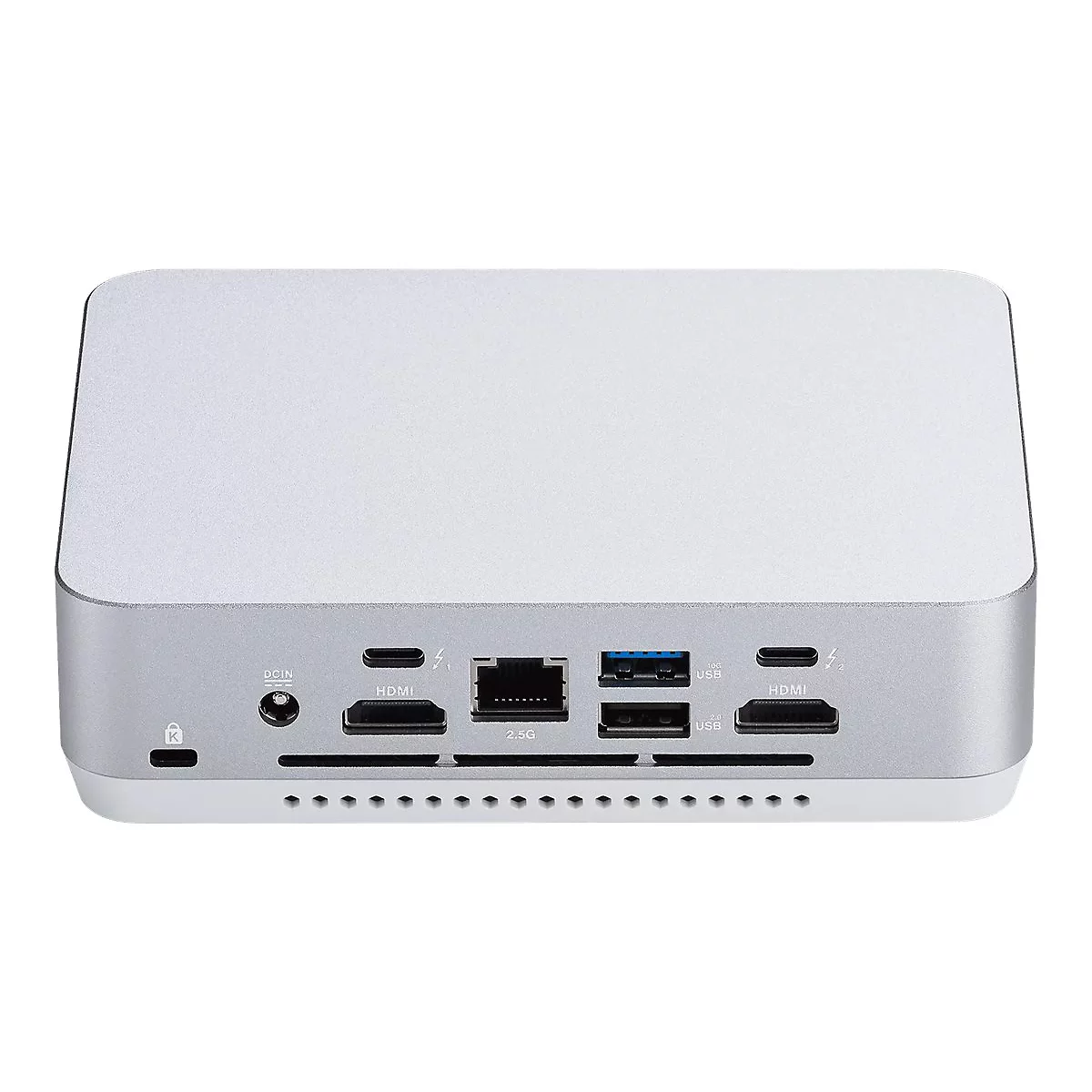 Silberne Mini-Dockingstation mit zahlreichen Anschlüssen: HDMI, USB, DCIN. Auf weißem Hintergrund.