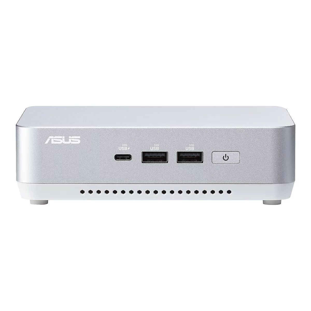 Mini-PC argenté avec logo ASUS, ports USB et bouton d'alimentation.
