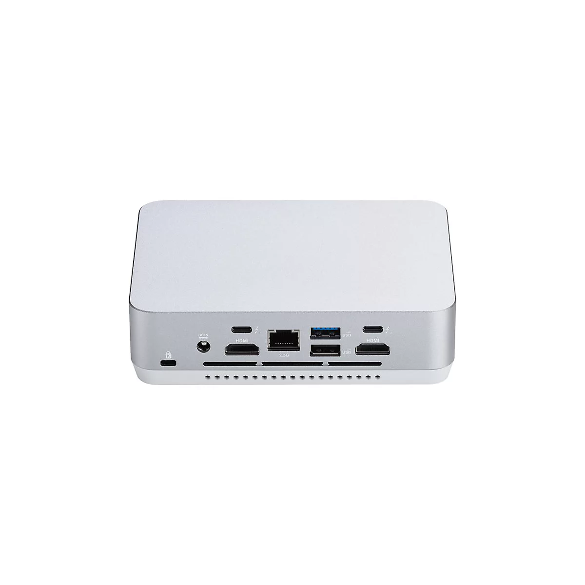 Graue Mini-PC-Rückseite mit Anschlüssen: HDMI, USB, Ethernet. Metallgehäuse mit Belüftungsschlitzen.