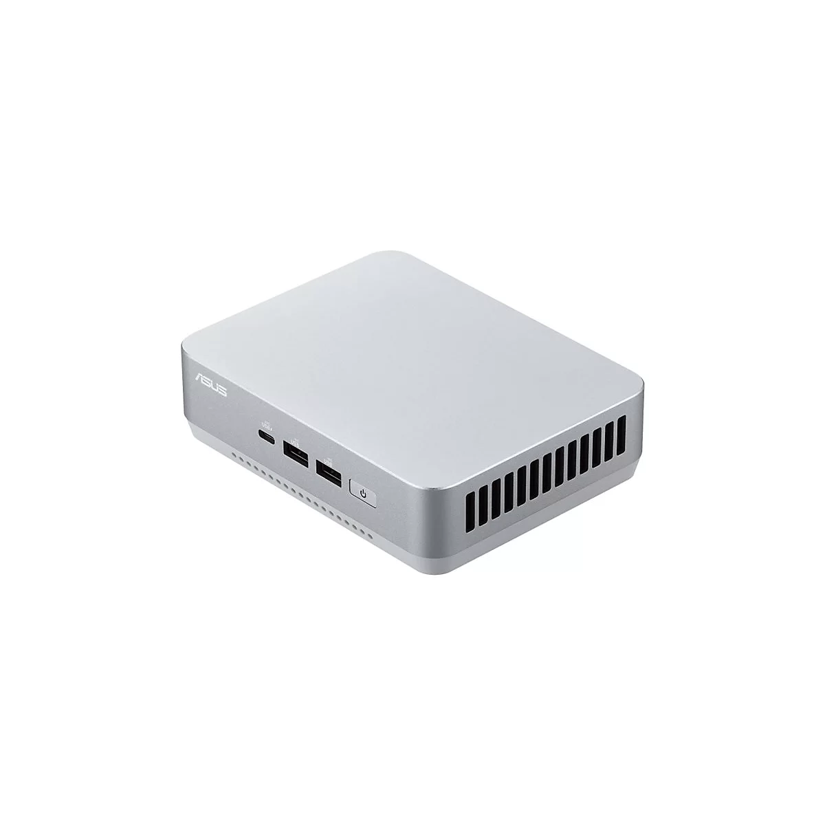 Grauer ASUS Mini-PC, rechteckig, mit Anschlüssen und Power-Knopf. Logo ASUS oben links.