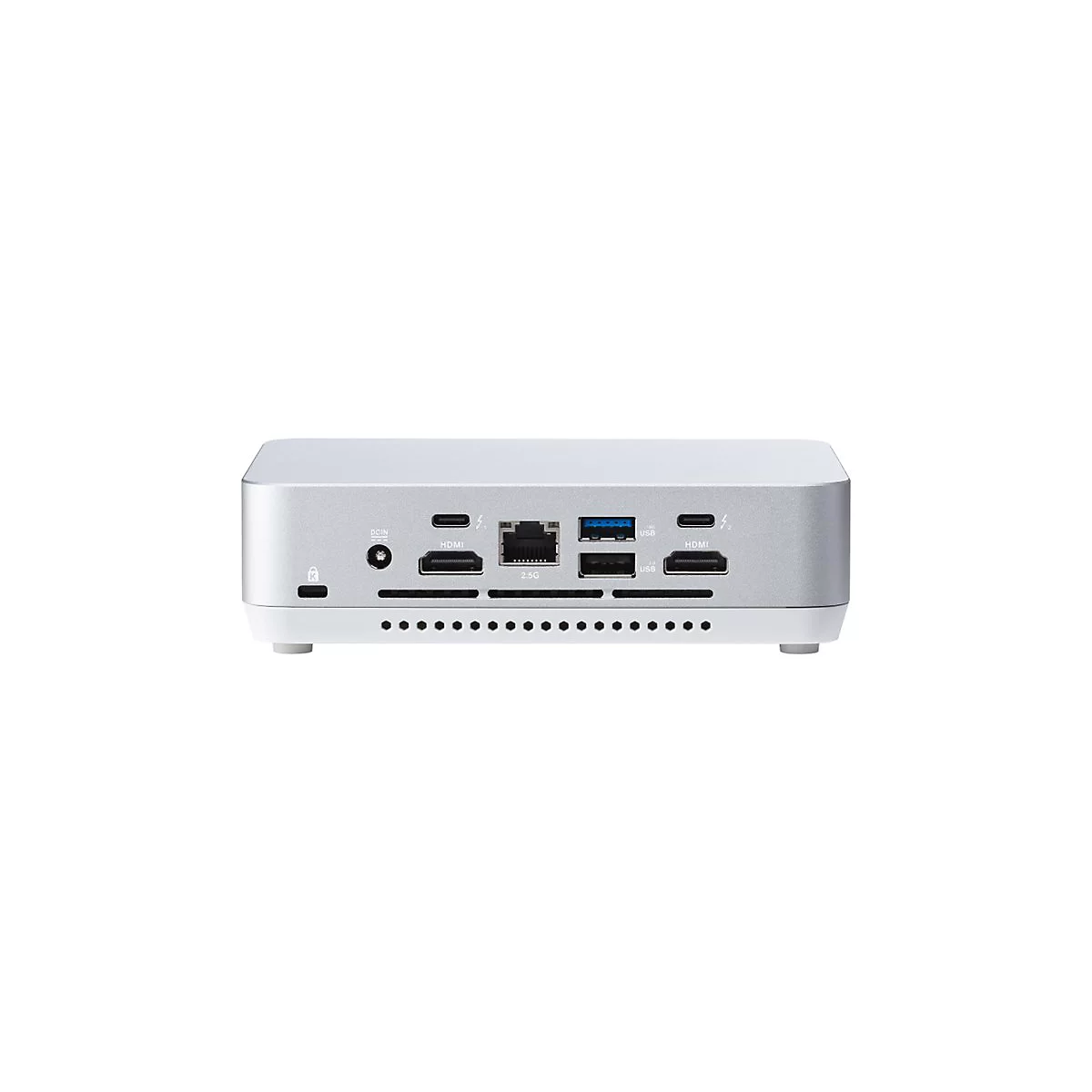 Silberner Mini-PC mit Anschlüssen für HDMI, USB und Ethernet auf weißem Hintergrund.