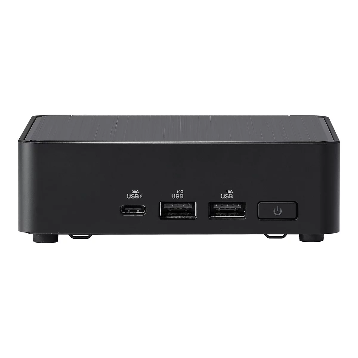 Schwarzer Mini-PC mit Anschlüssen für USB. Beschriftung: 20G USB, 10G USB, 10G USB, Power-Button.