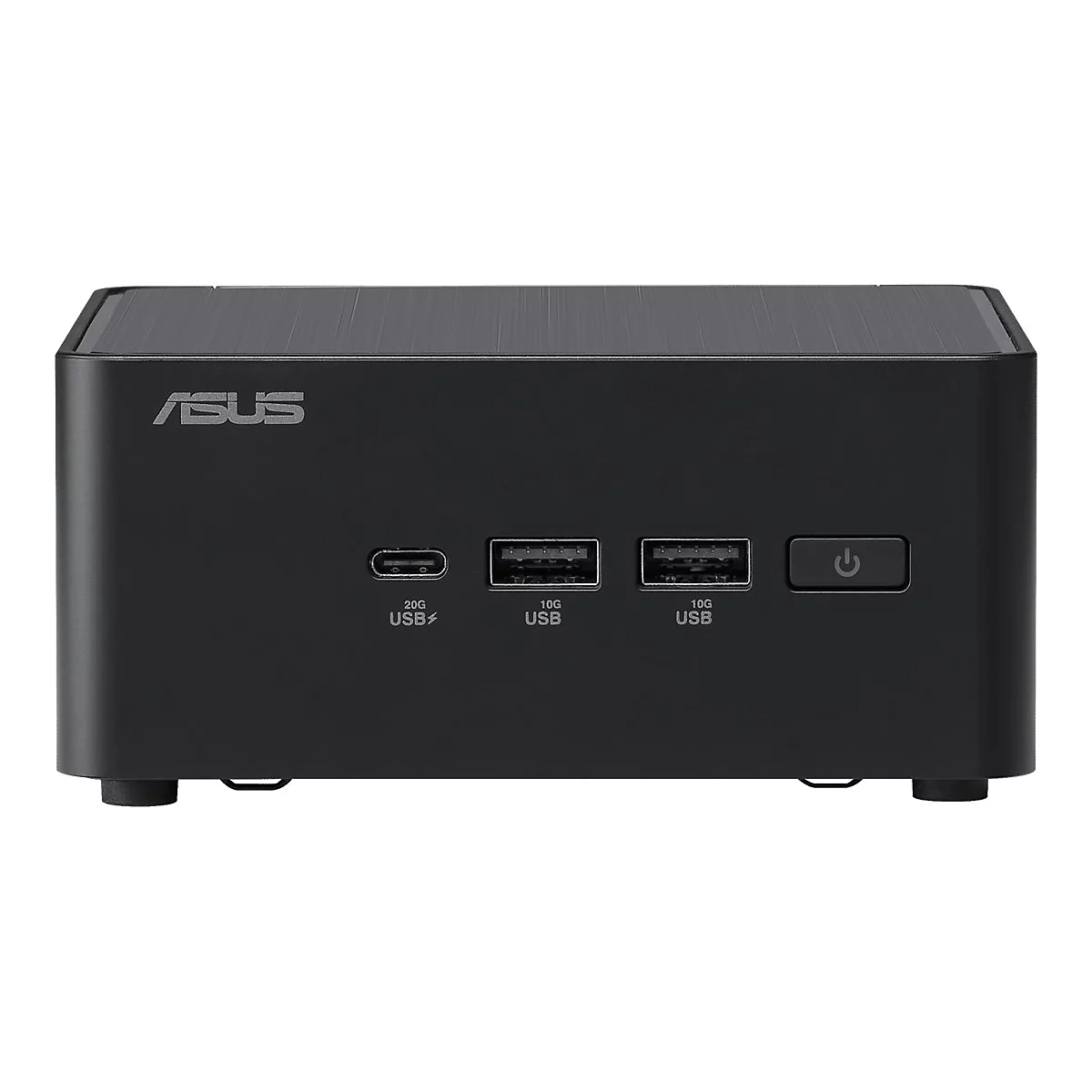 Schwarzer Mini-PC mit ASUS-Logo, USB-Anschlüssen und Einschaltknopf. Schriftzug: 20G USB, 10G USB.
