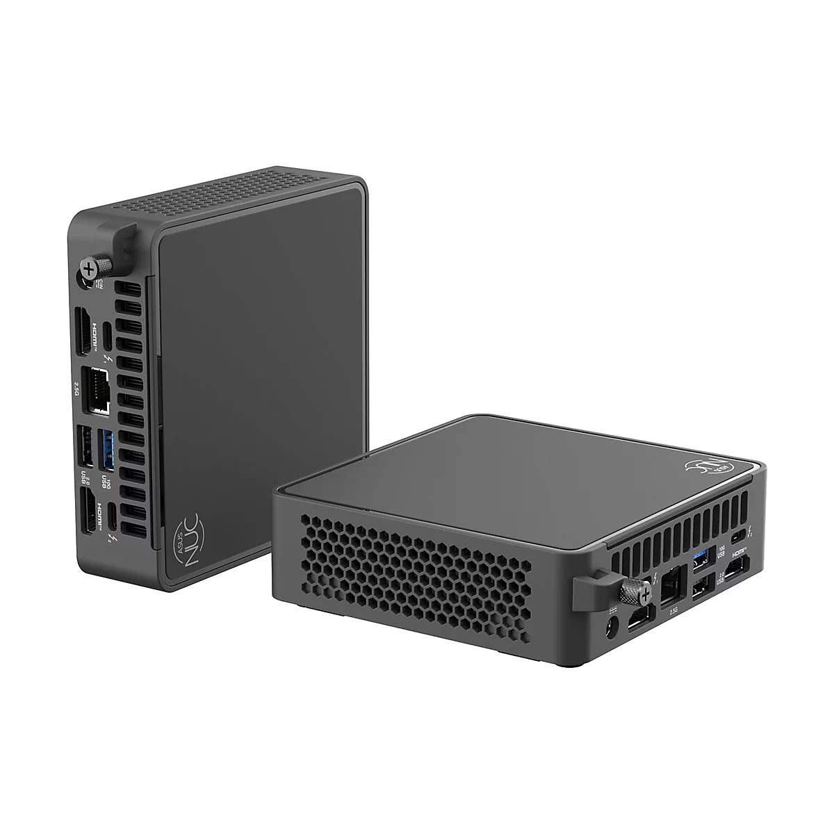 Zwei graue Mini-PCs, der eine hochkant, der andere flach liegend. Ports und Anschlüsse sind sichtbar.