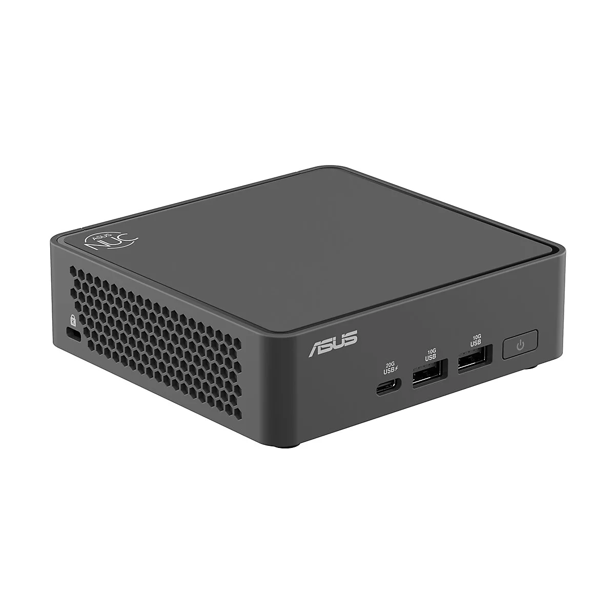 Ein schwarzer ASUS Mini-PC, auf weißem Hintergrund, mit USB-Anschlüssen.