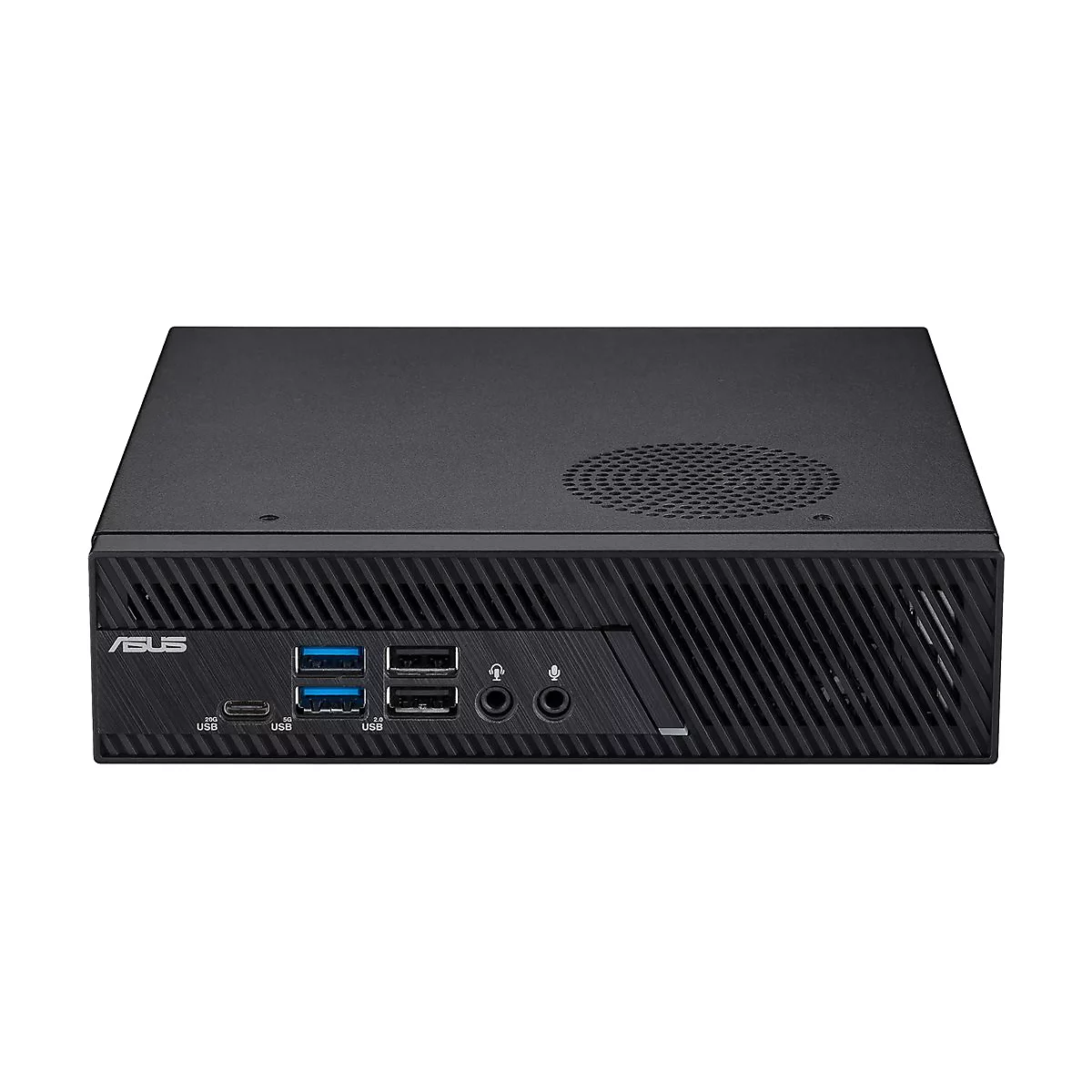 Schwarzer Mini-PC mit ASUS-Logo und Anschlüssen. Seitlich Lüftungsgitter, Front mit USB, Audio und Mikrofon.