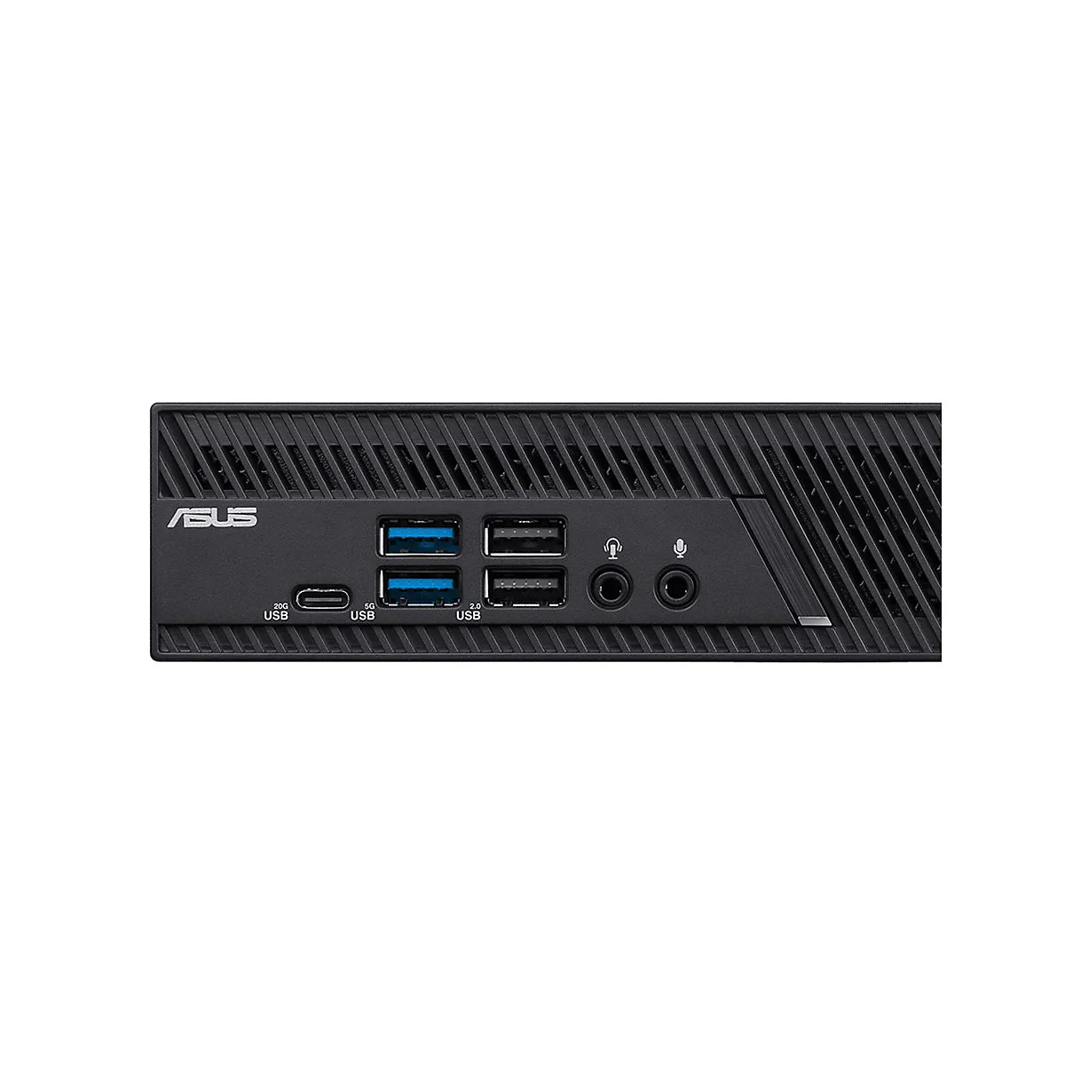Nahaufnahme der Rückseite eines schwarzen Mini-PCs. Die Anschlüsse sind sichtbar: USB, Audio, Mikrofon, Stromanschluss, und das ASUS-Logo.