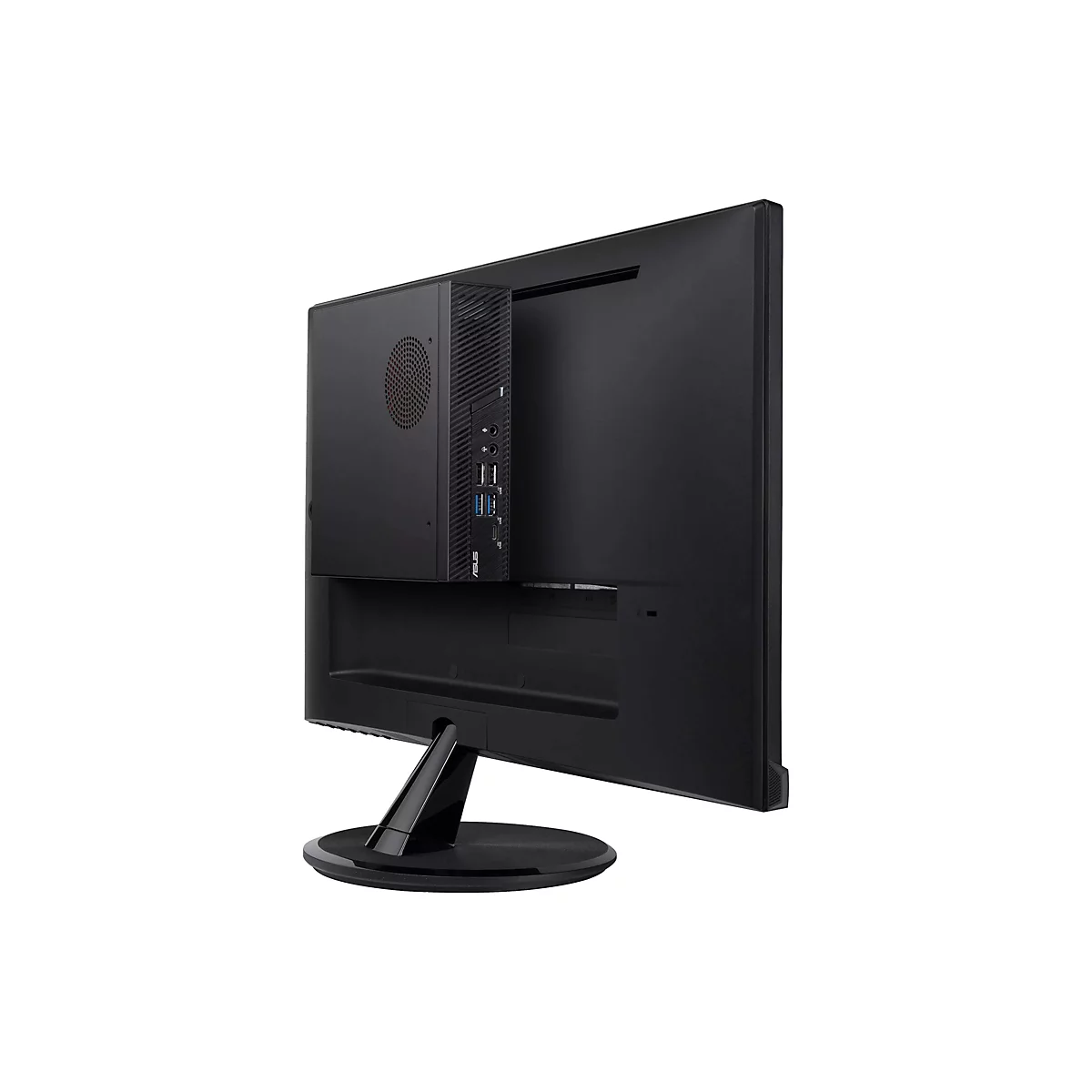 Ein schwarzer Monitor mit einem daran befestigten Mini-PC, der auf einem weißen Hintergrund steht.
