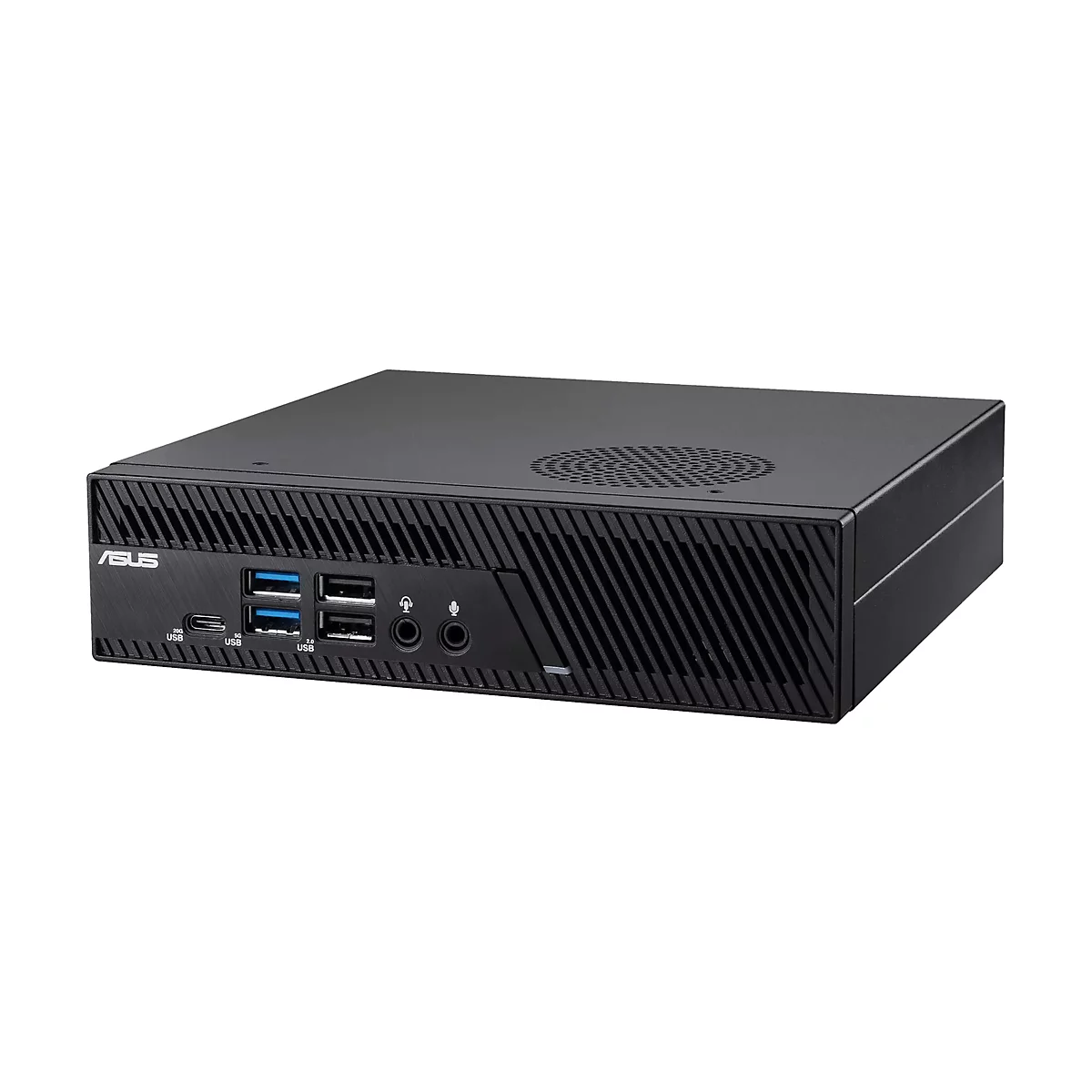 Ein schwarzer Mini-PC mit geriffelter Front und ASUS-Logo. Ports für USB, Audio und Netzwerk.