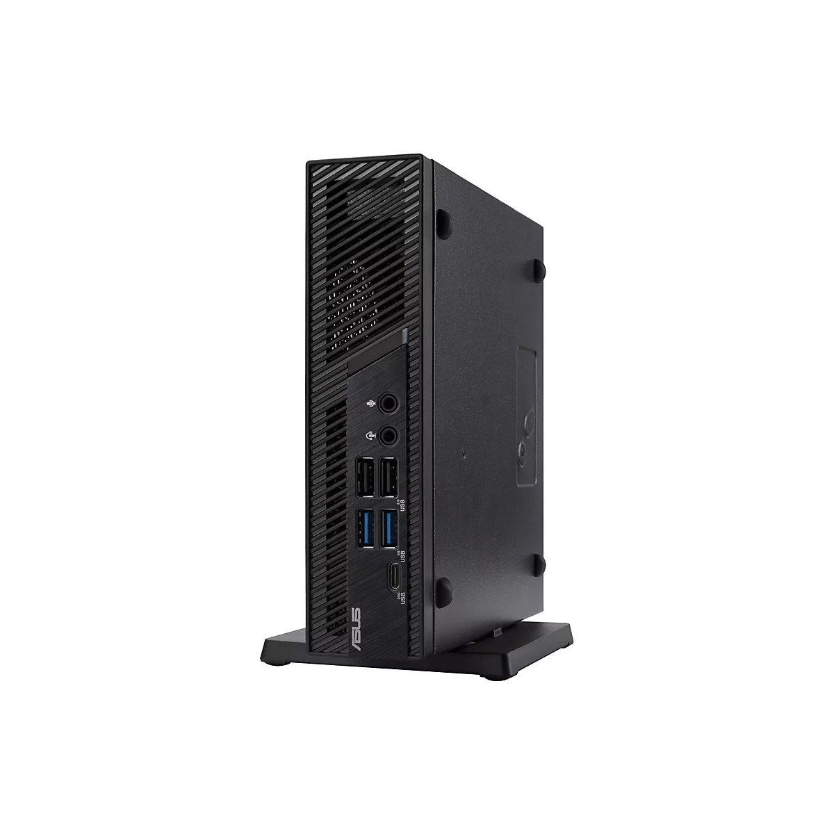 Schwarzer Mini-PC mit ASUS-Logo. Aufrecht stehend, mit USB-Anschlüssen, Kopfhöreranschluss und Lüftungsschlitzen. Auf einer Halterung.