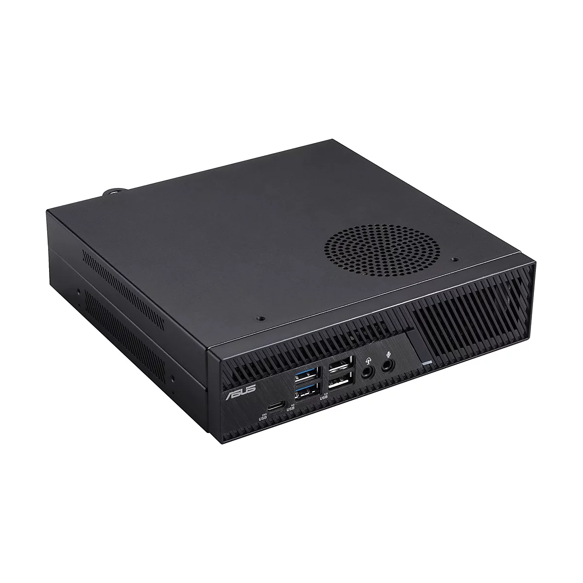 Schwarzer Mini-PC mit ASUS-Logo. Auf der Vorderseite befinden sich USB-Anschlüsse und Audio-Eingänge. Oben ist ein Lüftungsgitter.