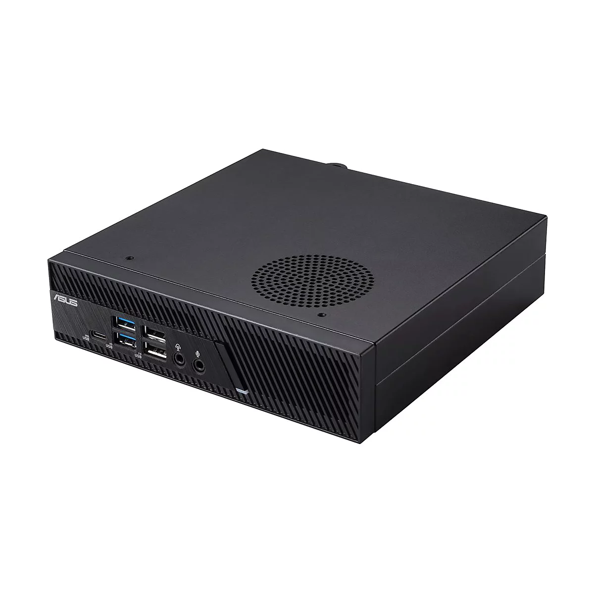 Schwarzer Mini-PC von ASUS. Vorderseite mit Anschlüssen, Lüftungsgitter, Seiten geriffelt, Logo.