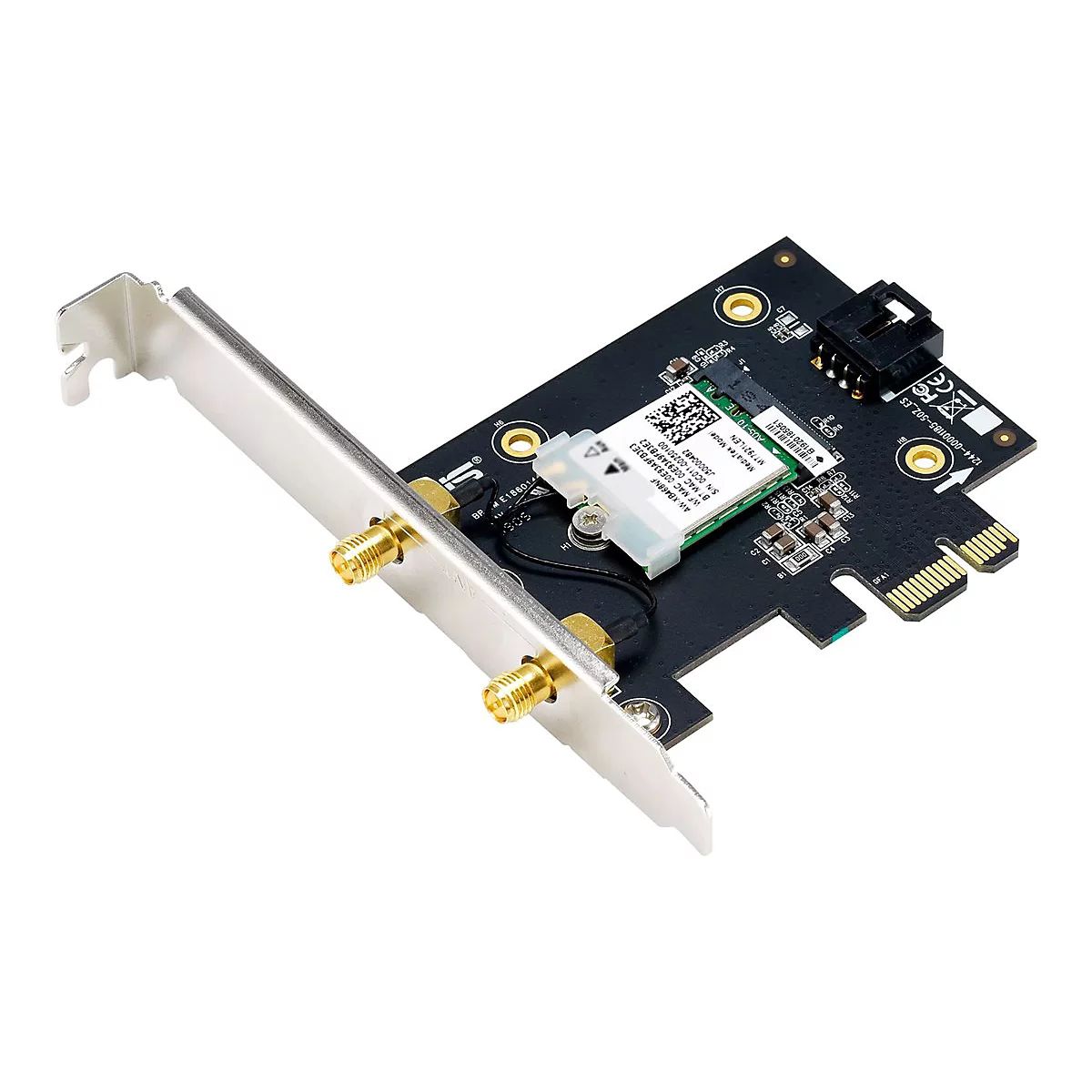 Eine schwarze WLAN-Netzwerkkarte mit silbernem Slot-Blech und zwei goldenen Antennenanschlüssen.