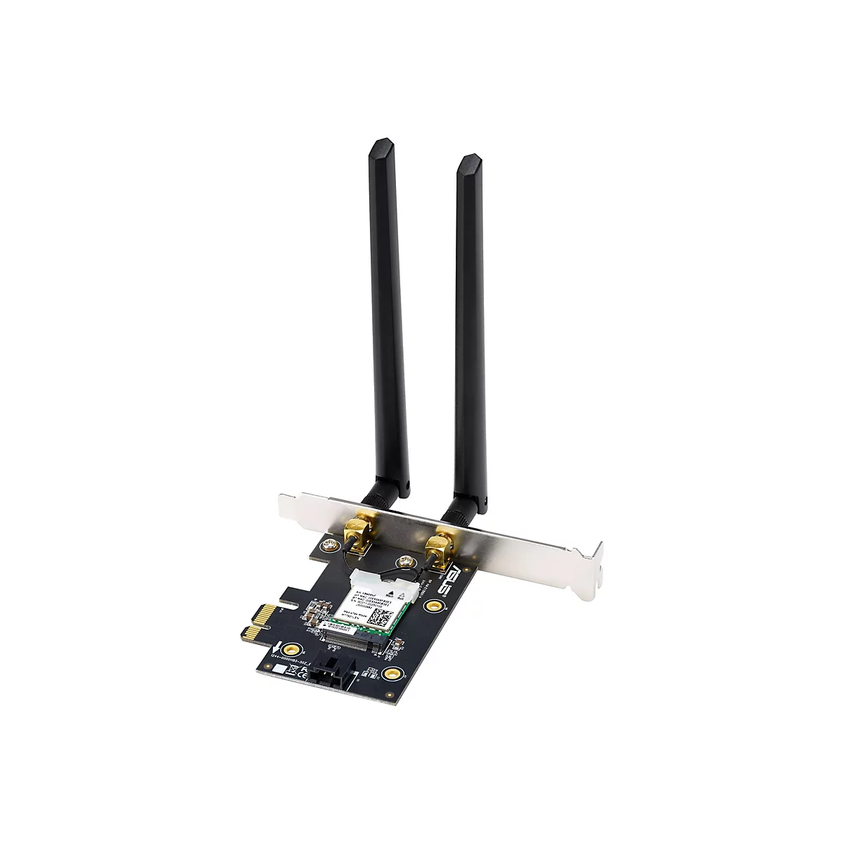 ASUS WLAN-Netzwerkkarte mit zwei schwarzen Antennen auf einer Leiterplatte mit Slotblende.