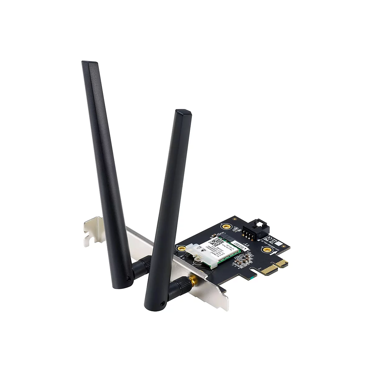 PCIe WLAN-Netzwerkkarte mit zwei schwarzen externen Antennen auf schwarzer Platine vor weißem Hintergrund.