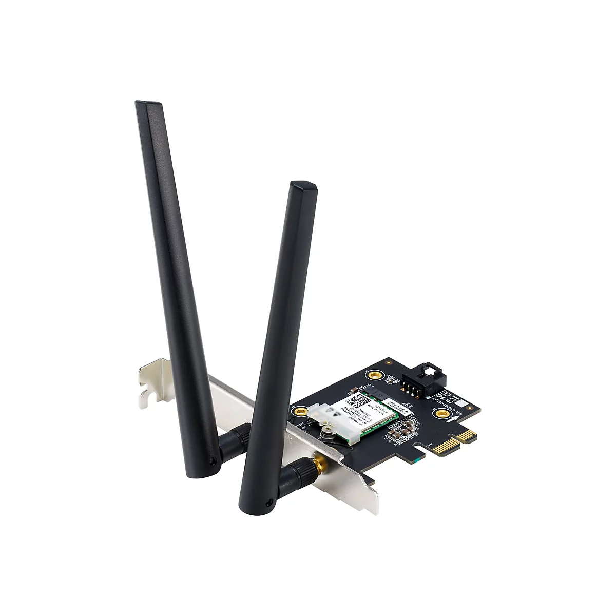PCIe-WLAN-Karte mit zwei abnehmbaren schwarzen Antennen auf einer schwarzen Platine vor weißem Hintergrund.