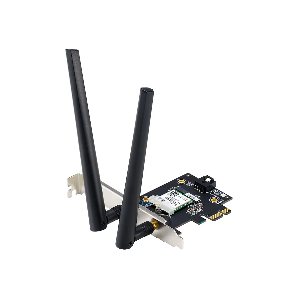 PCIe-WLAN-Karte mit zwei schwarzen Antennen und silbernem Slot-Blech auf weißem Hintergrund.