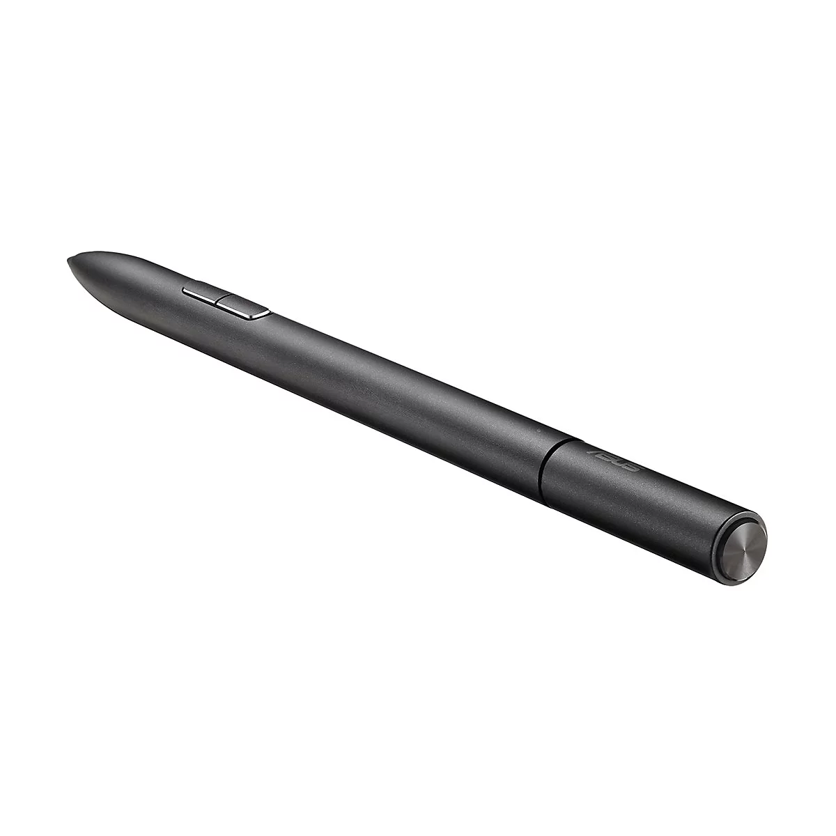 Eleganter, schwarzer ASUS Eingabestift mit zwei seitlichen Tasten auf weißem Hintergrund.