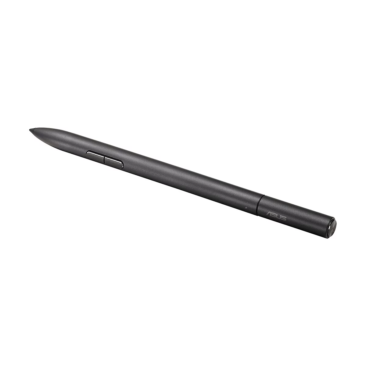 Ein schwarzer Asus Eingabestift mit zwei seitlichen Tasten vor weißem Hintergrund.