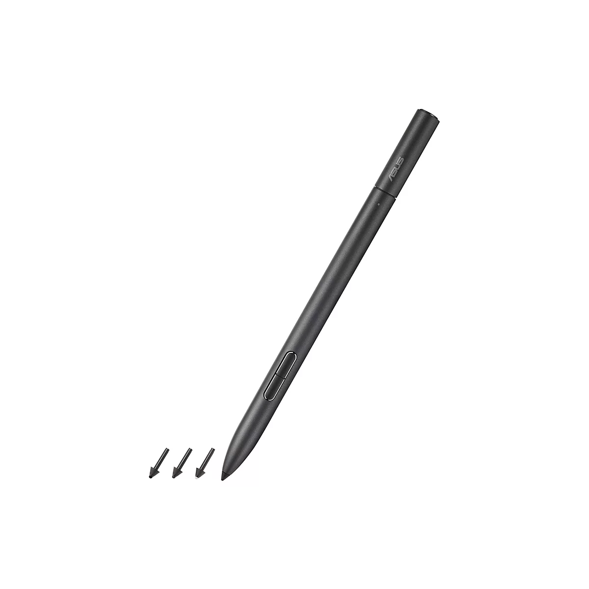 Schwarzer Asus Eingabestift mit drei Ersatzspitzen vor weißem Hintergrund.