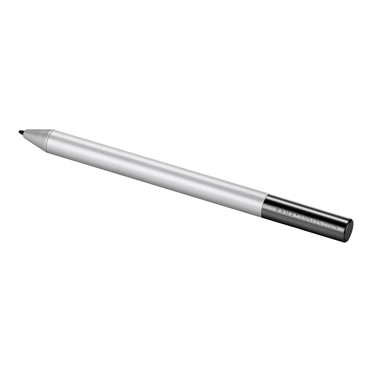 Silberner Eingabestift mit schwarzer Kappe und Asus Collection Schriftzug vor weißem Hintergrund.