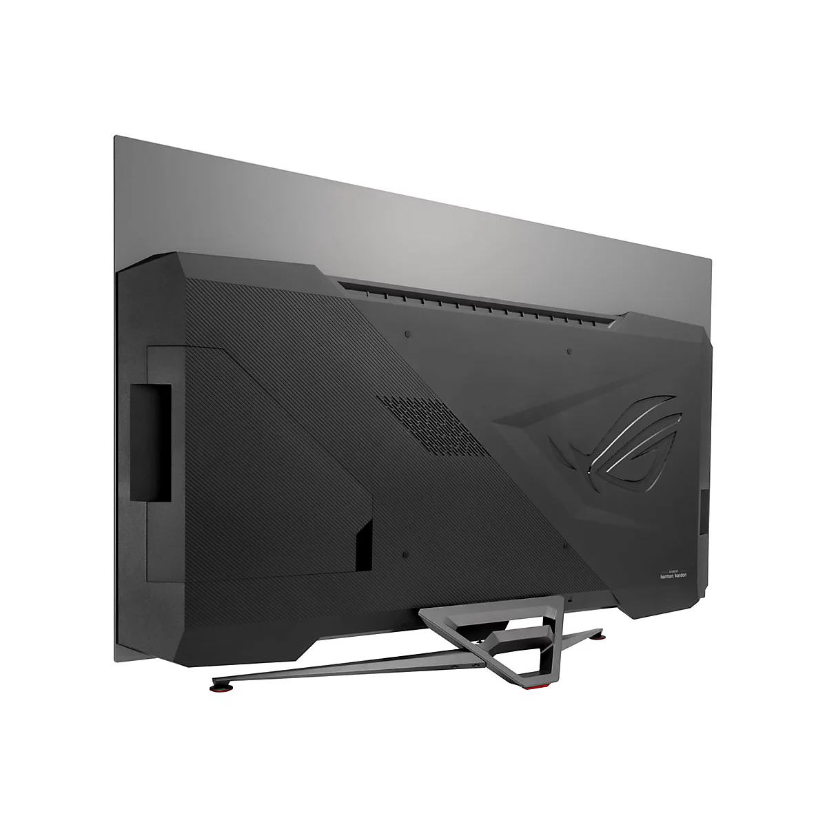 Arrière d'un moniteur de jeu noir avec support, un écran gris et le logo ROG.
