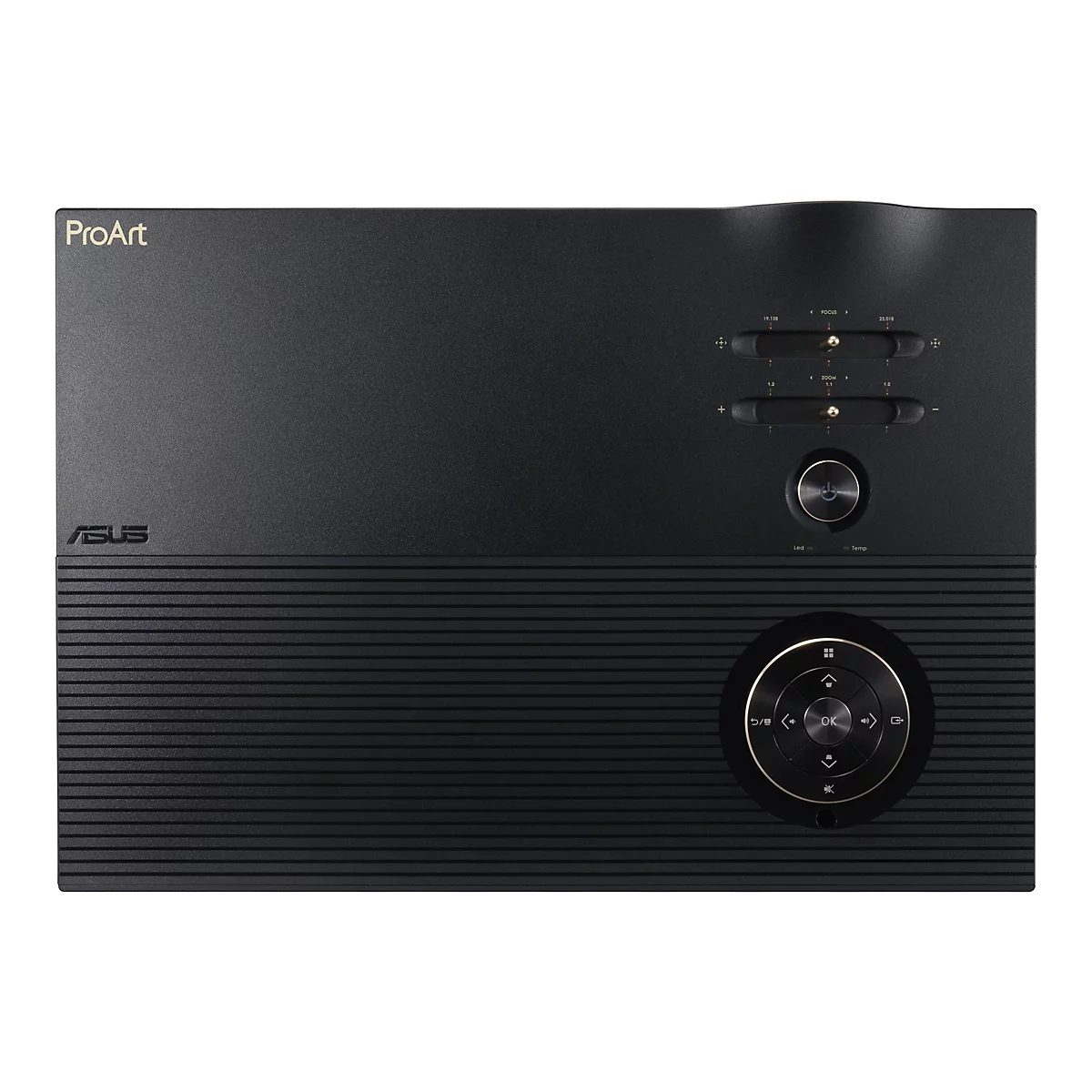 Schwarzer Projektor mit Steuerungselementen, ASUS-Logo und ProArt-Schriftzug.