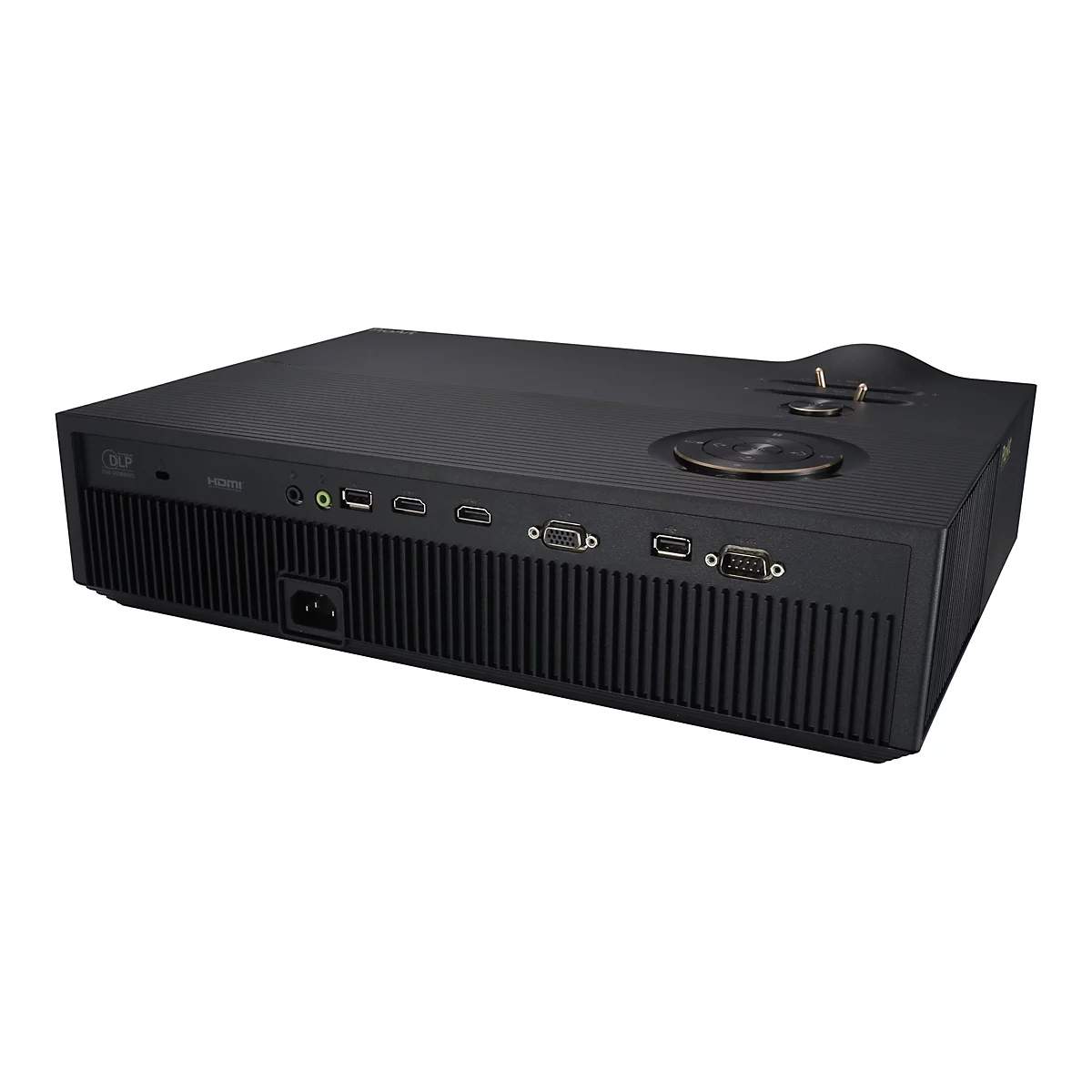 Ein schwarzer Projektor vor weißem Hintergrund. Oberseite mit Bedienelementen, Anschlüsse an der Vorderseite.