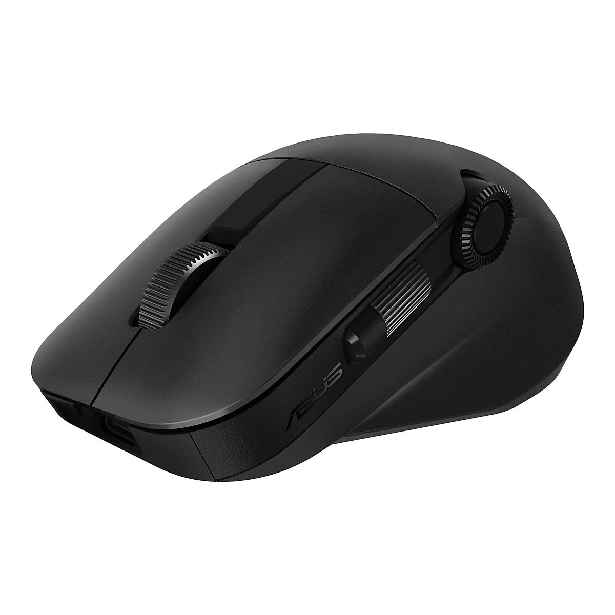 Schwarze kabellose Asus-Maus auf weißem Grund mit seitlichem Drehrad und Daumentaste.