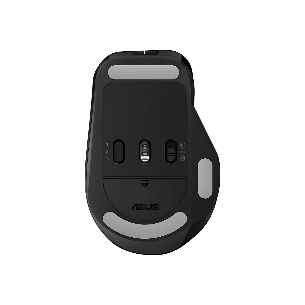 Unterseite einer schwarzen Asus Gaming-Maus mit Sensor, Bedienschaltern und hellgrauen Gleitfüßen.