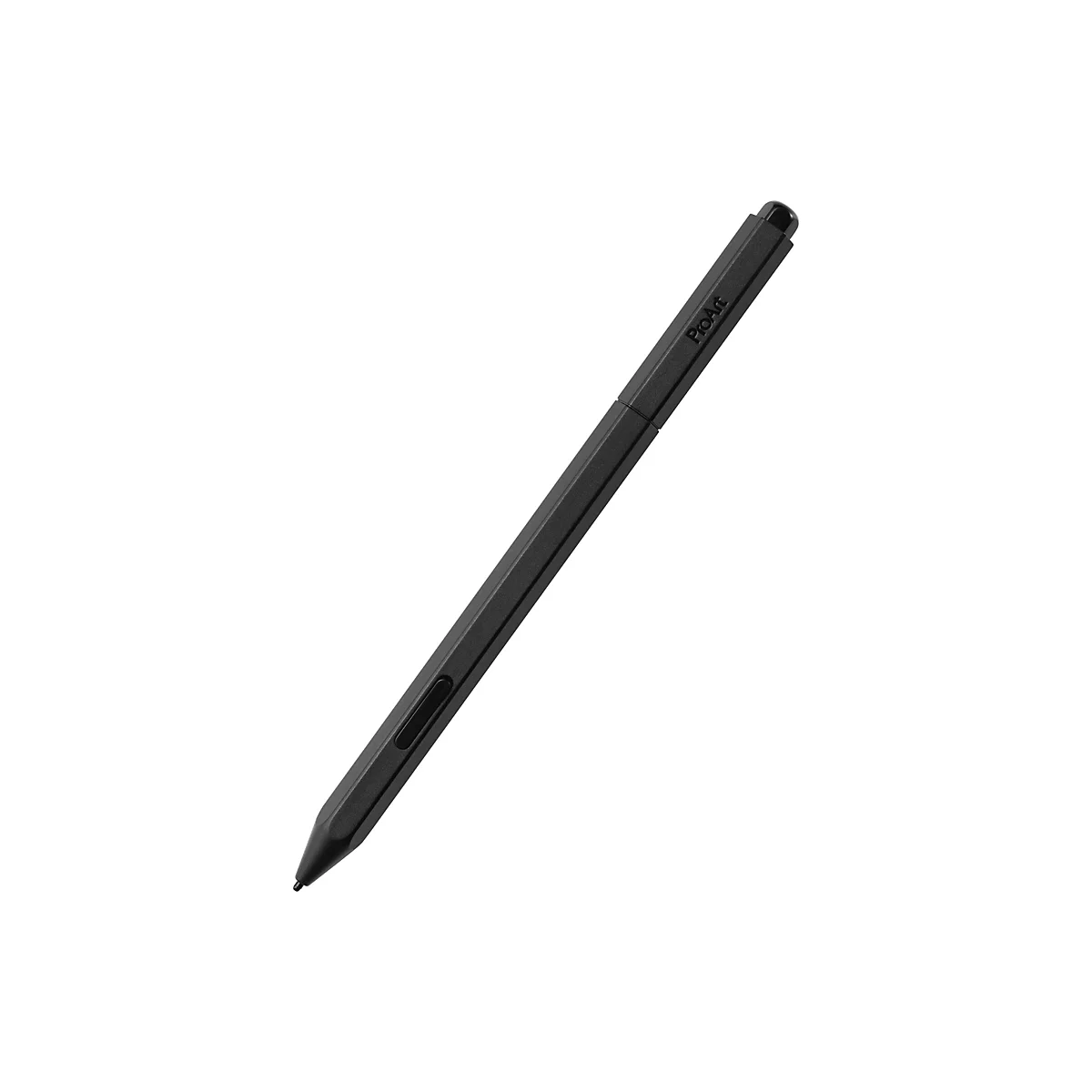 Schwarzer ProArt Eingabestift schräg vor weißem Hintergrund.