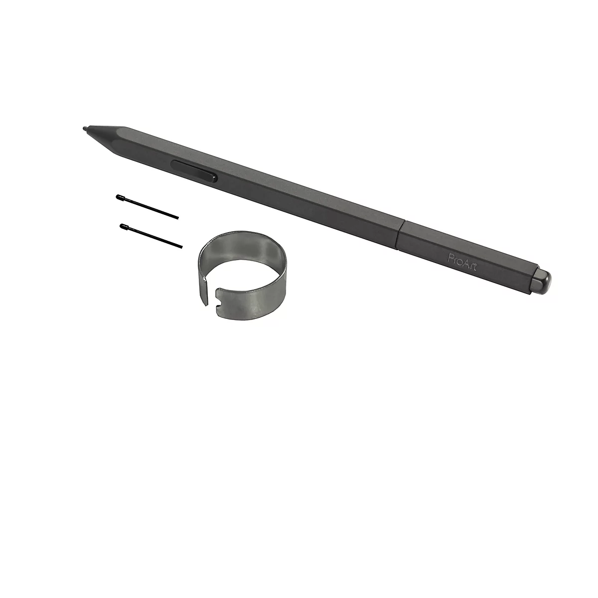 Ein schwarzer ProArt Eingabestift mit Ersatzspitzen und einem metallischen Ring auf weißem Hintergrund.